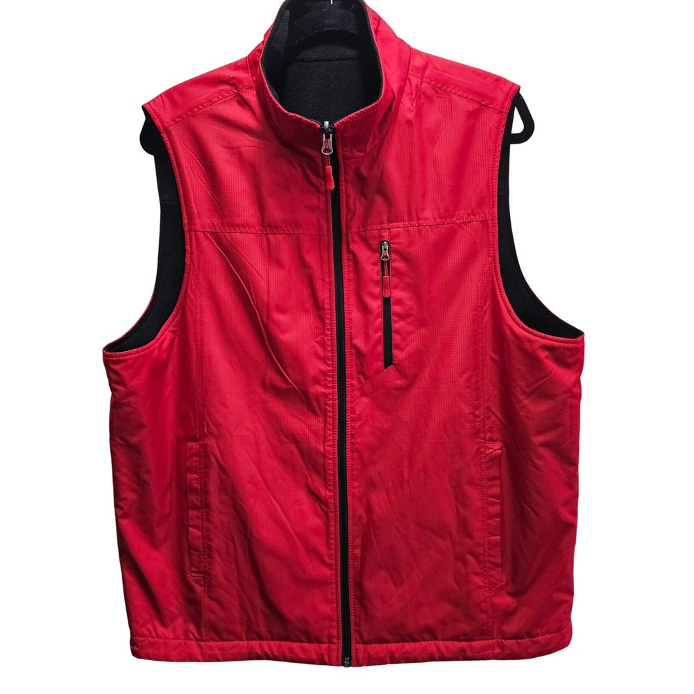 IZOD Mens Reversible Full Zip Vest Red Ripstop Black Fleece Medium